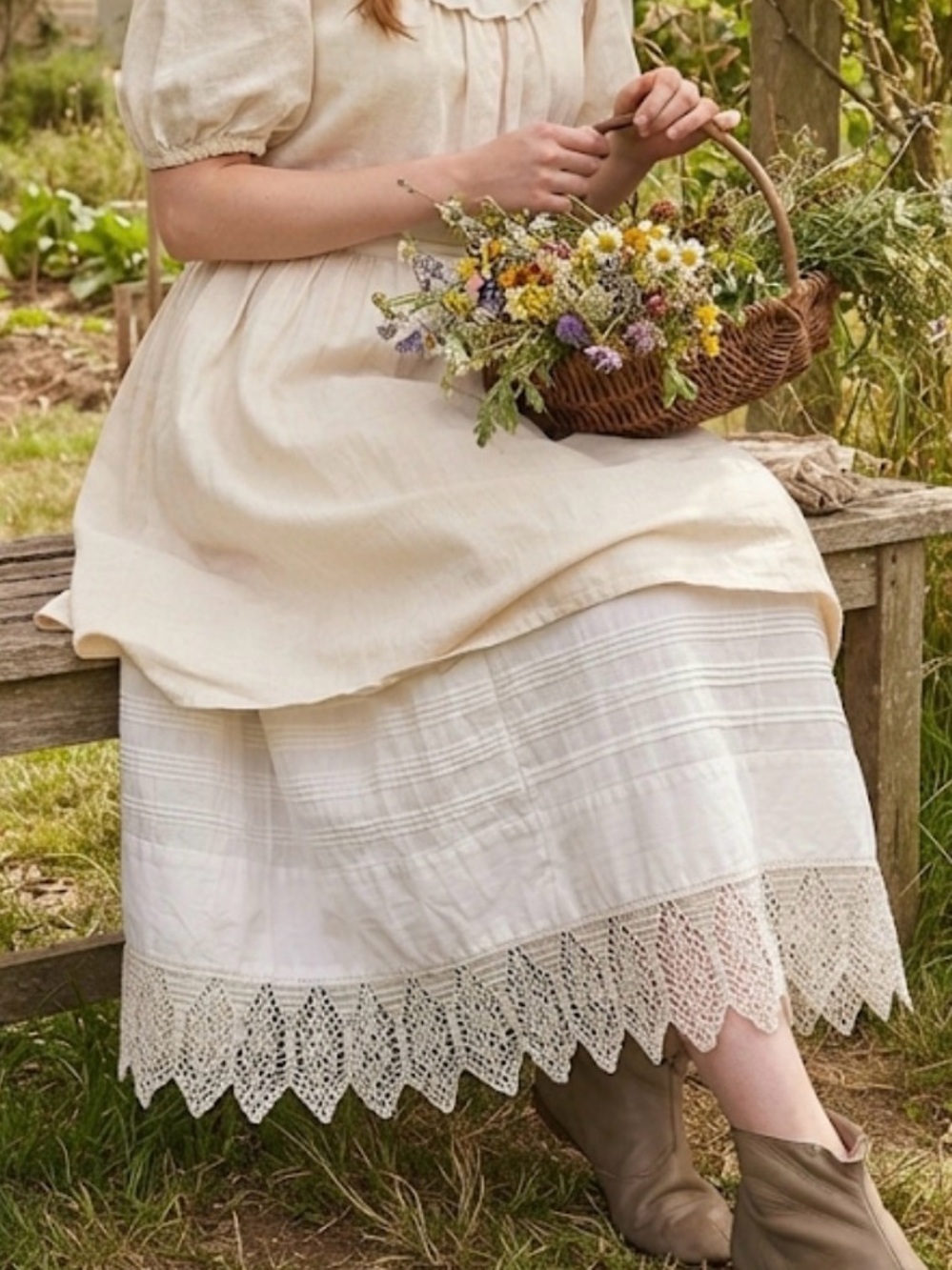 Antique Edwardian White Cotton Petticoat with Delicate Crochet Lace Trim